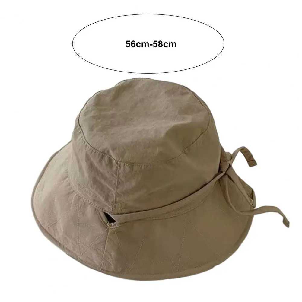 Women Fisherman Hat Windproof Fixed Strap Wide Brim Lady Bucket Hat Solid Color Sunshade Anti-UV Flat Top Foldable Summer Cap W250217