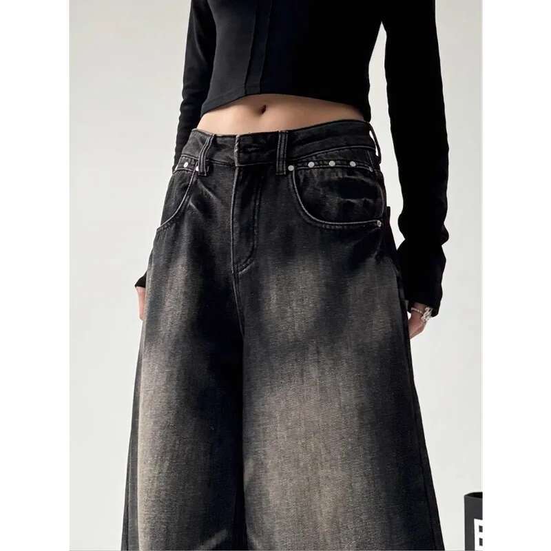 Black Womens Jeans High Waist Vintage Straight Baggy Pants Street 90S Y2k Design Sense Wide Leg Large Size Denim Trouser
