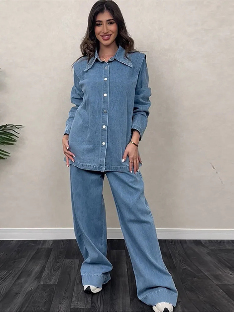 High Street Denim Suit Women 2025 Spring Summer Lapel Full Sleeves Single Breasted With Belt Jacket Wide Leg Trousers Female Set 250210