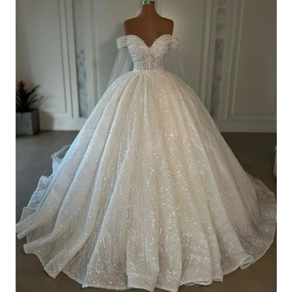 Luxurious Pearls Arabic Ball Gown Princess Wedding Dresses Robe De Mariee Off The Shoulder Neck Bridal Gowns Puffy Wedding Gown Vestidos de noiva