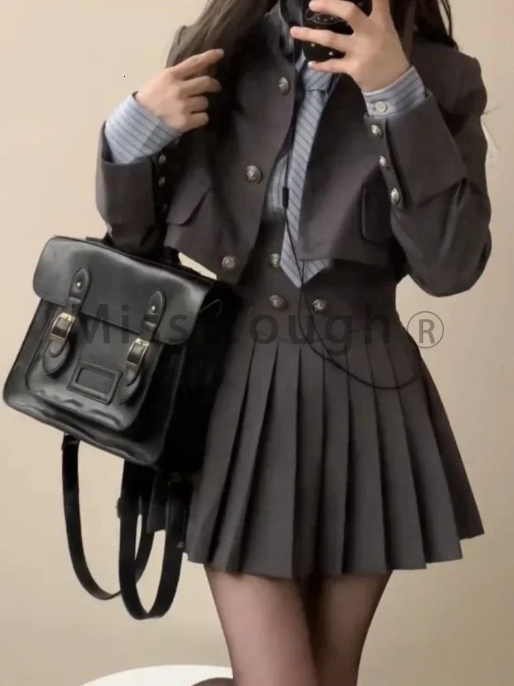 Winter Vintage 3 Piece Set Women Patchwork Kawaii Skirt Suit Female Korean Fashion Short CoatPleated SkirtStriped Shirt 250210