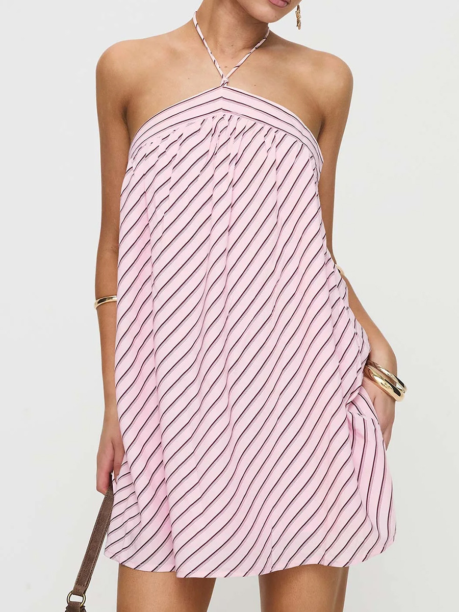 Y175120 Outfit women's striped halter neck backless dress sweet girl style holiday style seaside outfit women's clothing high-end