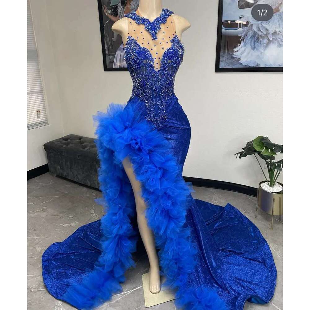 Blue Royal Prom Dress Black Girls Long Mermaid Ruffle Gown Beaded Lace High Slit