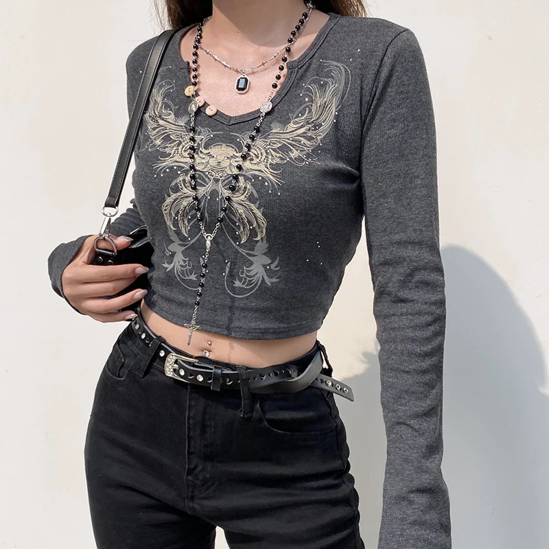 Autumn Vintage Women Rhinestone Graphic Flower Tshirts Egirls Harajuku Ladies Long Sleeve Knitted Tshirt Grunge Streetwear 250211