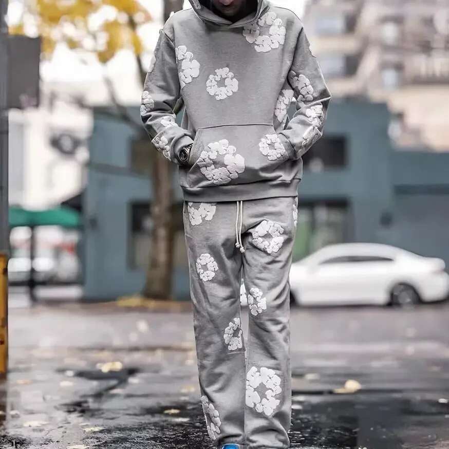 Fashion Quality New Men's Women's Same Kapok Foam Printing Hooded Long-sleeved Sweater Loose Fleece Sweatpants Set