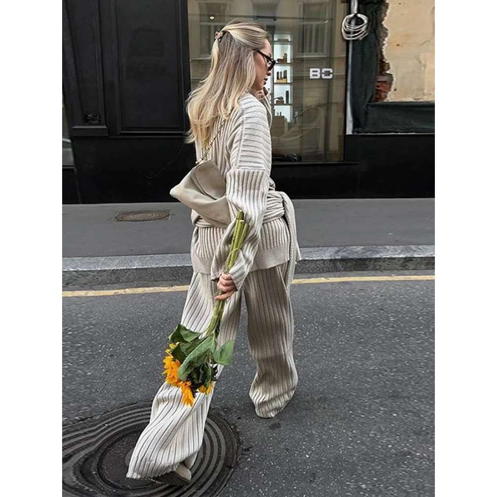 Elegant Knited Three-Piece Set Women's V-Neck Long Sleeves Sweater With High Waist Casual Pants 2025 New Clothing
