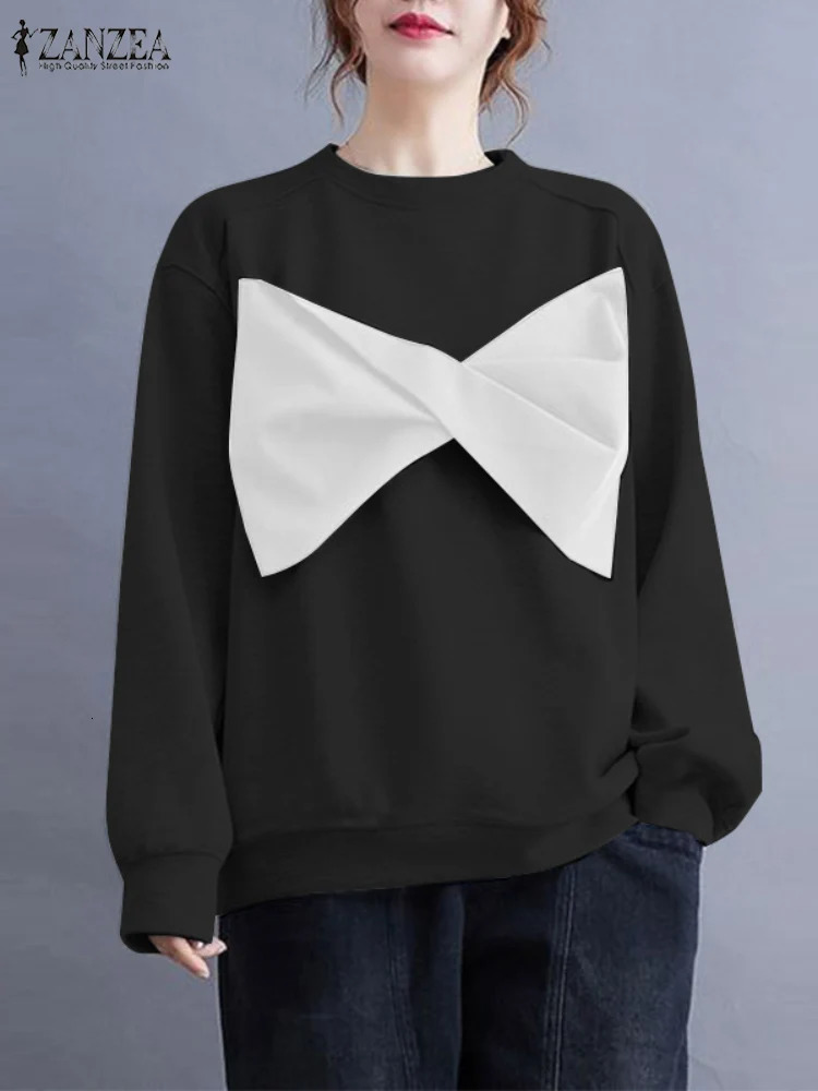 ZANZEA Casua Harajuku Sweatshirts ColorBlock Long Sleeve Spring O Neck Hoodies Women Large Bowknot Loose Pullover Tops 250213