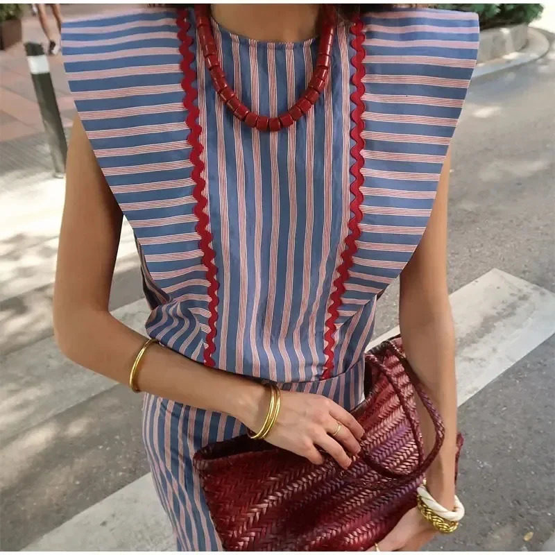 Womens Stripe Printed Flying Sleeves Top Set O-neck Sleeveless Ruffle Hem Skirt Suits 2024 Summer Lady Vacation Outfits 250120