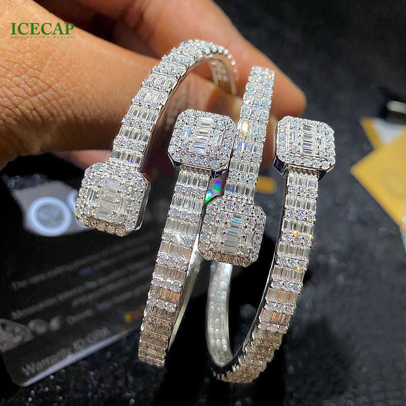 Hip Hop Jewelry 925 Sterling Silver Fashion Bangle Baguette cut Moissanite Diamond couple statement open bangle Bangle Bracelet