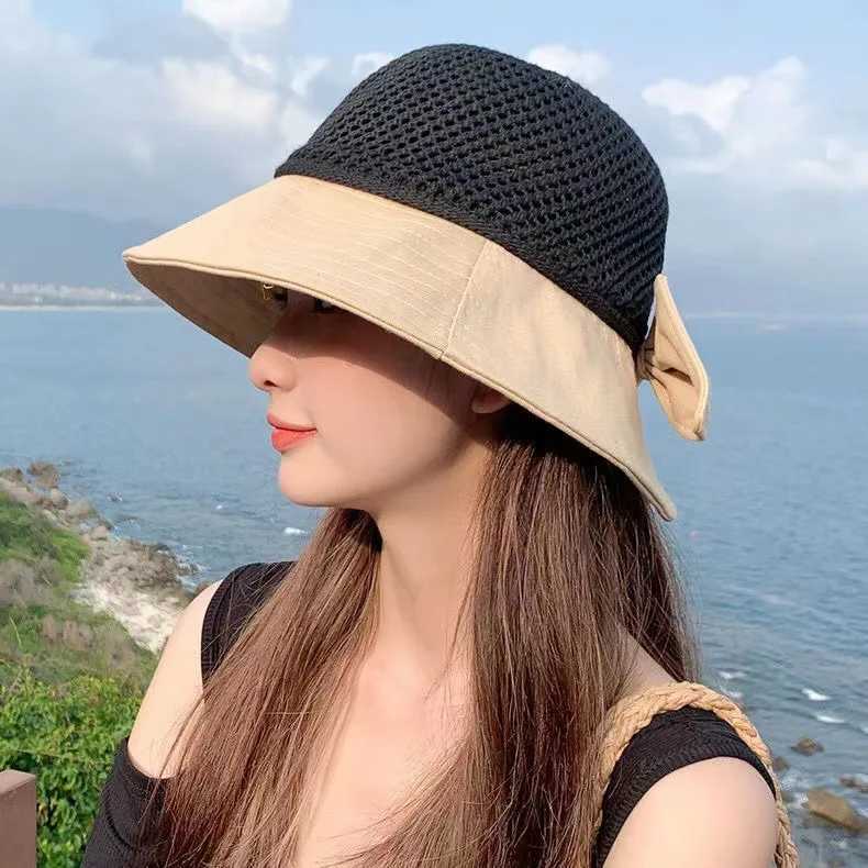 Outdoor UV Protection Sun Hat Summer Womens Bucket Foldable Basin Sunscreen Cap Bow Hollow Stitching Panama Hats Fisherman W250217