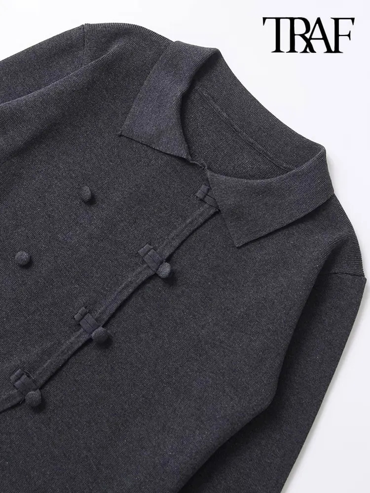 TRAFWomens DoubleBreasted Knit Cardigan Sweater Lapel Collar Long Sleeve Female Outerwear Chic Tops Fashion 250211