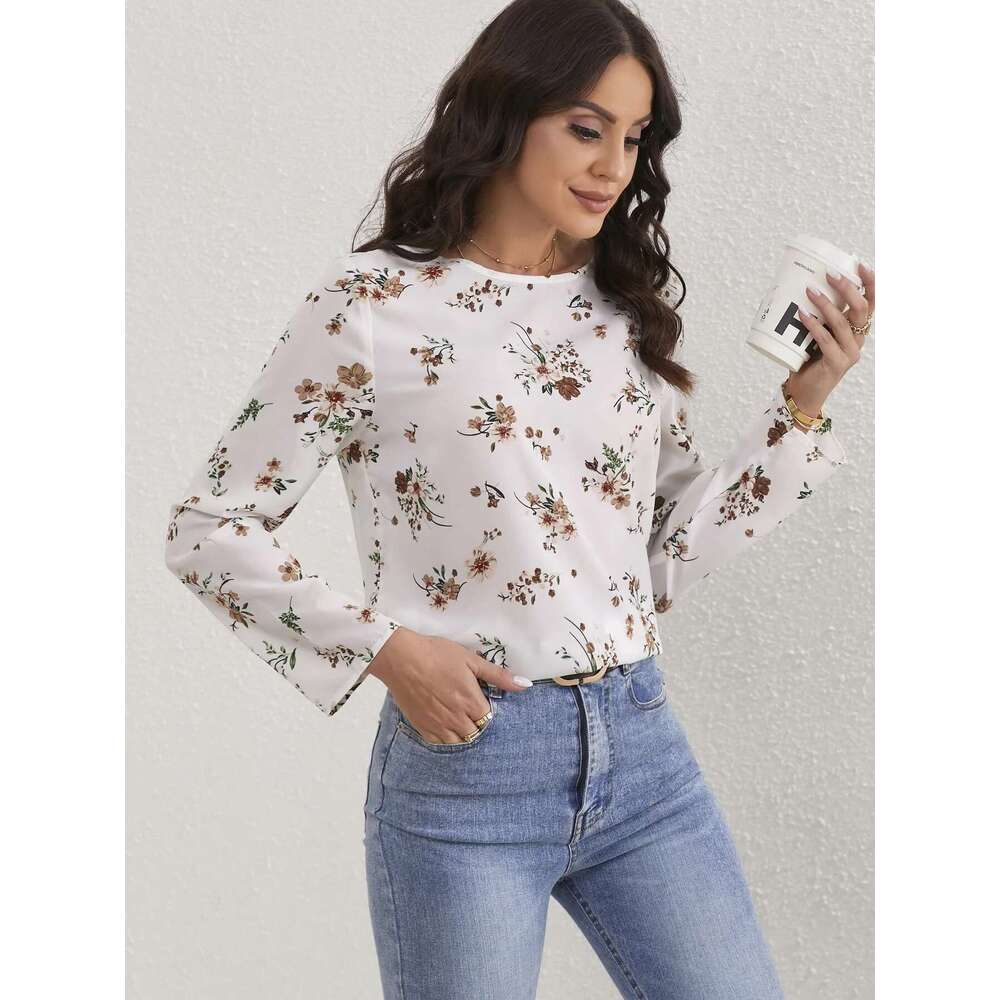 Ladies Ral Print O Neck Casual Long Sleeve Blouse Women Tops Shirts