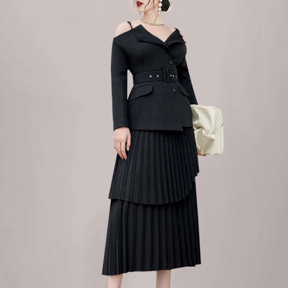 Elegant Skirts Set For Women Lapel Long Sleeve Spliced Belt Tunic Backless Coat High Waist Pleated Skirt Chic Sets Female