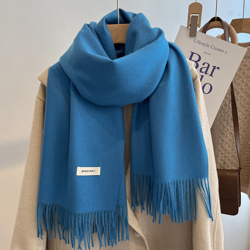 T141Blue imitation cashmere scarf for women 2024 new winter Korean version thickened light blue neck scarf versatile dual-purpose shawl