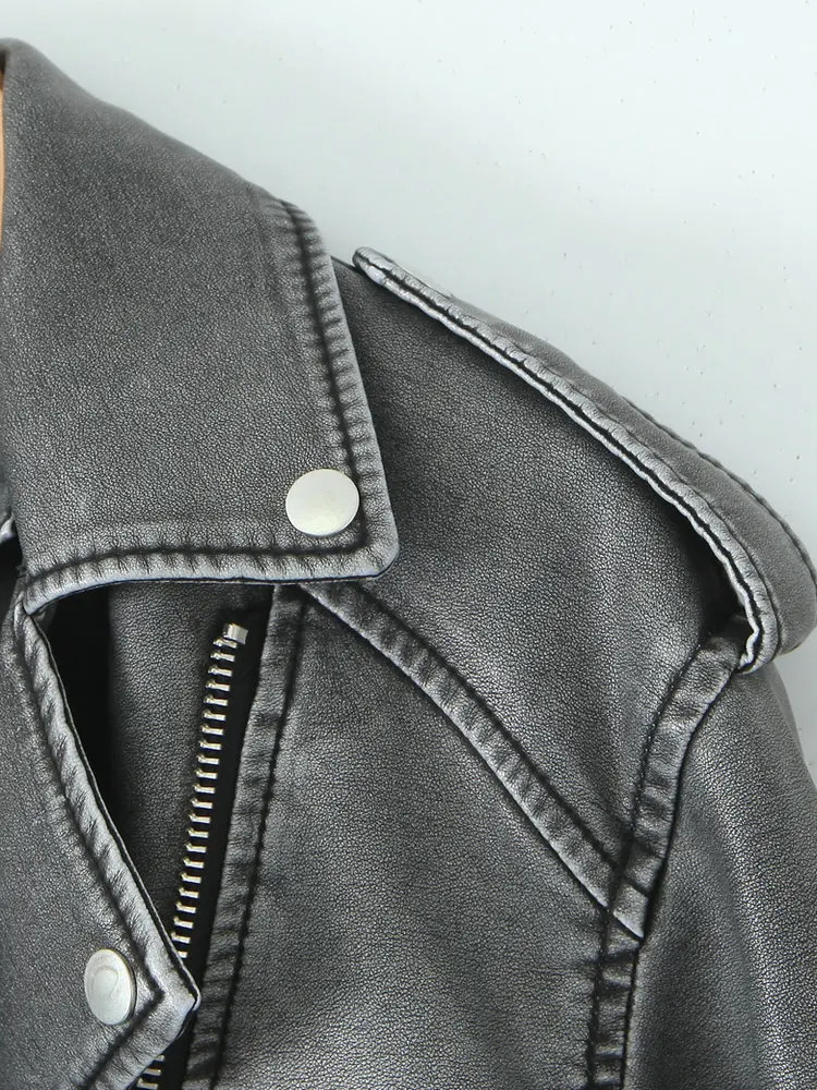 Women Autumn Winter Loose Gray PU Faux Leather Short Jackets Belt Female High Street Zipper Retro Moto Biker Coats Outwear XSXL 250211