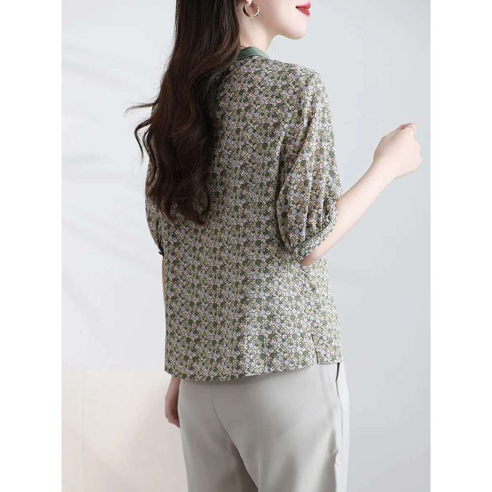 Women's top with half sleeves, fashionable mulberry silk design, waist cinching print, trendy small shirt, stylish summer