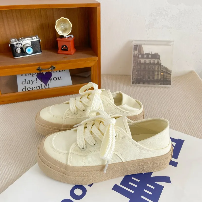 Spring and Summer New Two Wear Canvas Women All Match Thick Bottom Sneakers Casual Lace Up Tennis Walking Vulcanize Shoes zhanyishengli