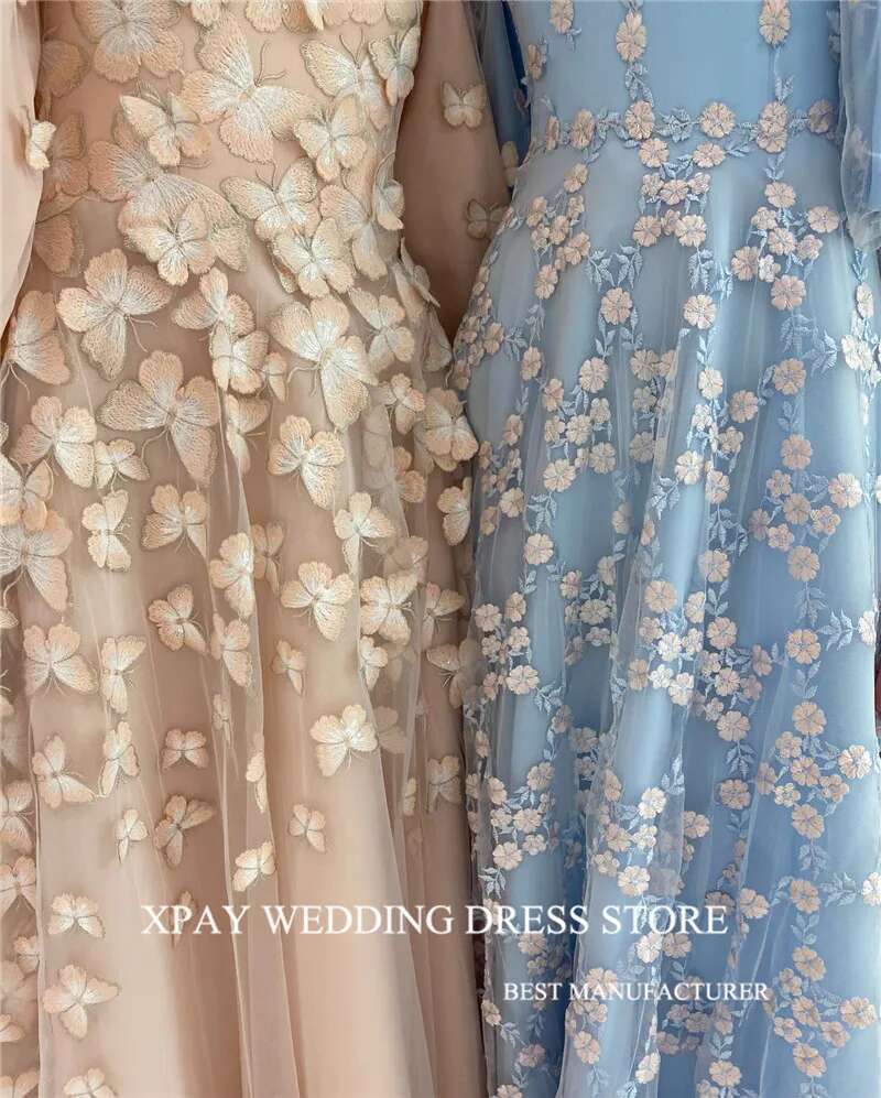 Elegant XPAY Light Blue Lace A E Evening Dresses Arabic Women Puff Sleeves Customised Or Length Prom Formal Ocn Dress vening rabic