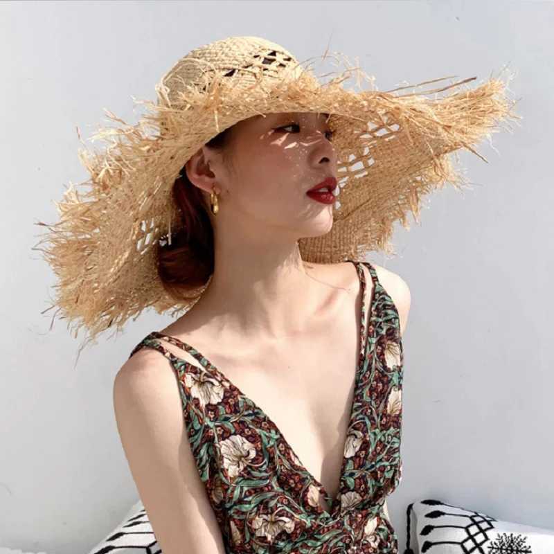 New Summer Womens Natural Cork Lafia Straw Hat Ribbon Bow Shadow Panama Hat Large Wide Brown Girls Vacation Beach Hat W250217