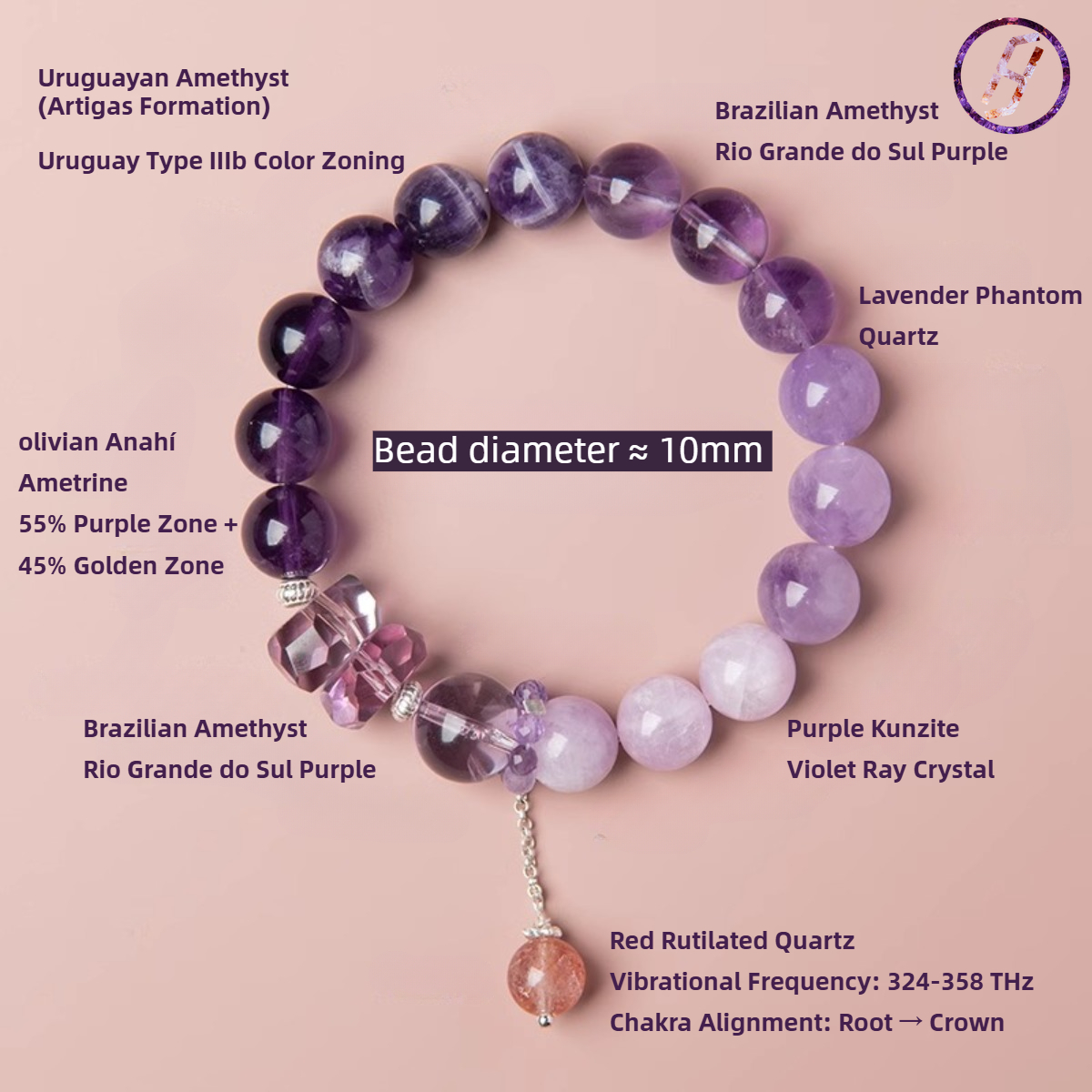 Brazilian Amethyst Vortex Bracelet - Feng Shui Energy Calibrated (380-420nm Spectral Certified),- I Ching Energy Matrix Programmed,, ISO 9001GIA Gemst