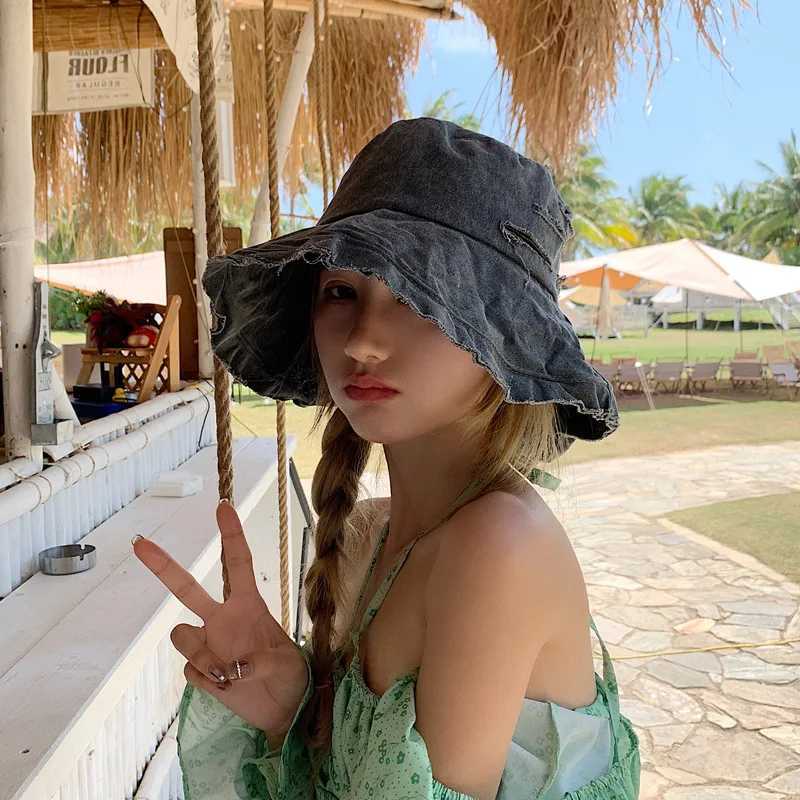 New Summer Autumn Tassel Washed Denim Bucket Hats Fashion for Women Wide Brim Foldable Panama Cap Outdoor Beach Fishermans Hat W250217