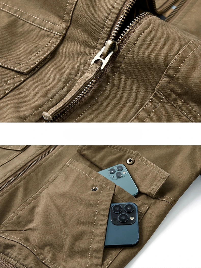 Mens Cotton Jacket 2024 Spring Autumn Solid Color Casual Loose Multipocket Outdoor Travel Stand Collar Top Work Coat 250212