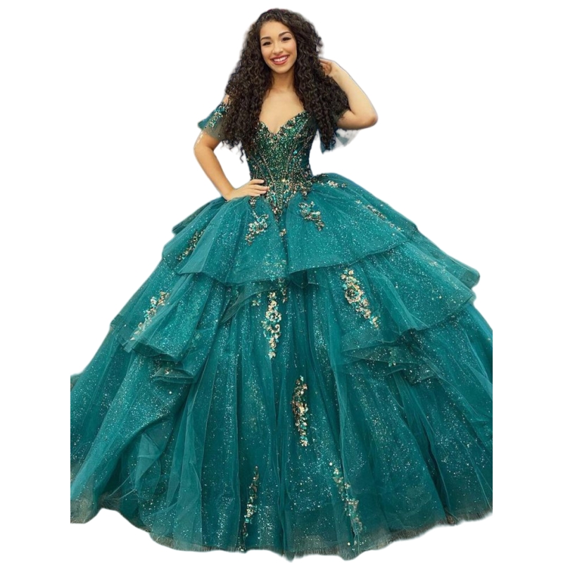 Glitter Hunter Quinceanera Dresses Off Shoulder Sequins Tulle Tiered Princess Prom Special Occasion Ball Gown Beaded Princess Sweet 16 Dress