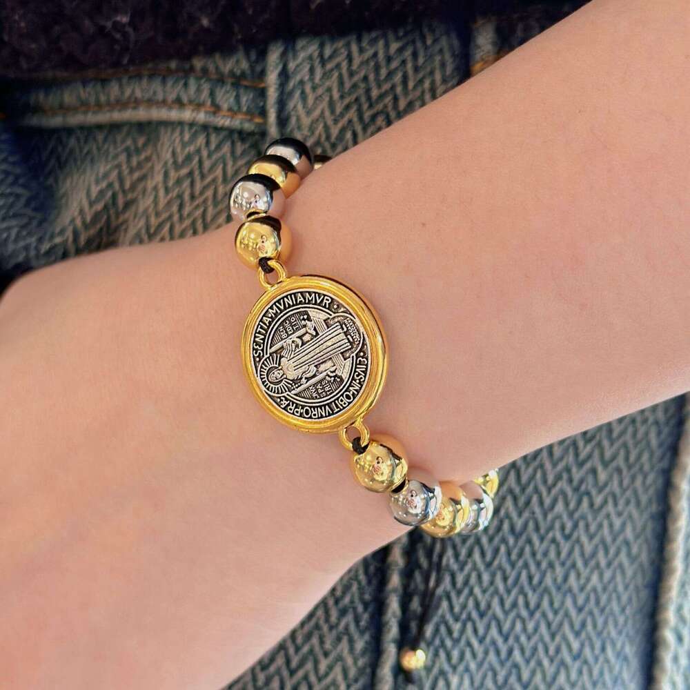 New Saint Benedict copper bead with adjustable drawstring, beaded woven bracelet