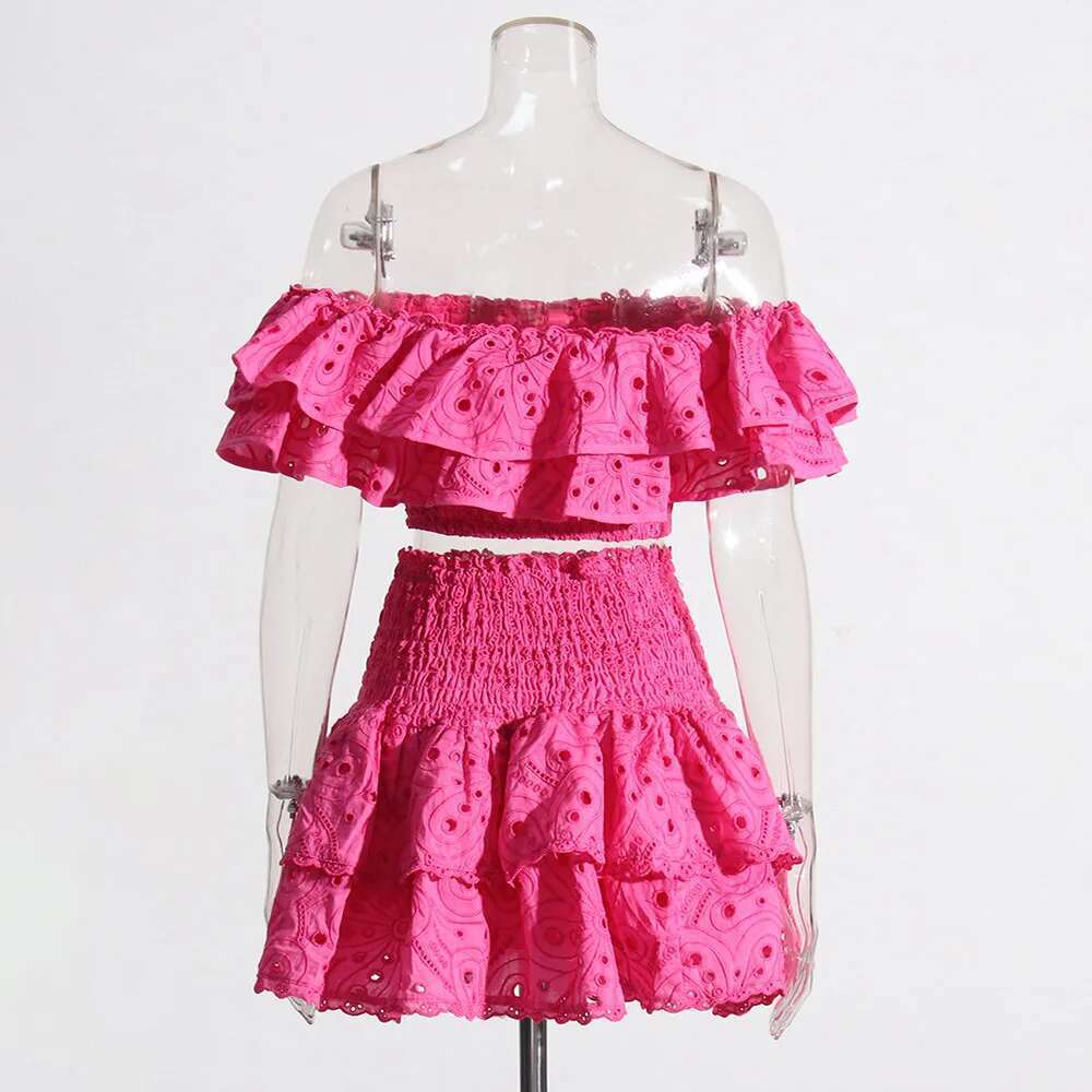 Slim Two Piece Set For Women Slash Neck Short Sleeve Backless Tops High Waist Bodycon A E Skirts Hollow Out Sets Female