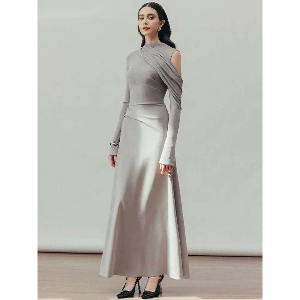 Elegant Women's Dress Half High Collar Hollow Out Asymmetric Long Sleeves Mid-Calf Party Dresses 2025 Spring New