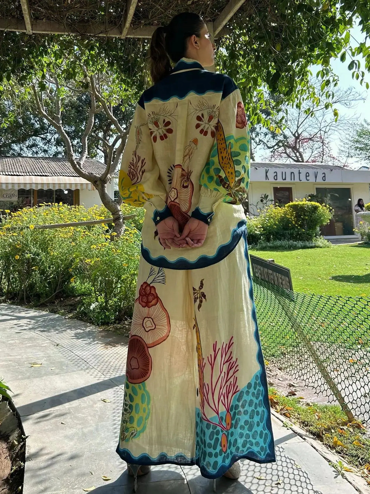 Women Casual Loose Lantern Sleeve Shirts Two Piece Sets Summer Patchwork Vintage Print Wide Leg Pants Sets Chic Women Outfits 250210