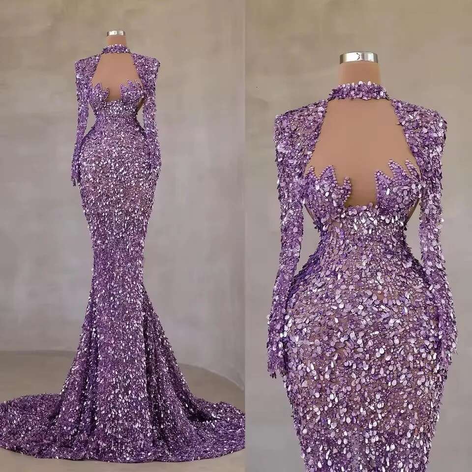 Purple Gorgeous Sequined Mermaid Evening Dresses Beads Long Sleeve Slim Ruched Women Party Pageant Prom Gowns