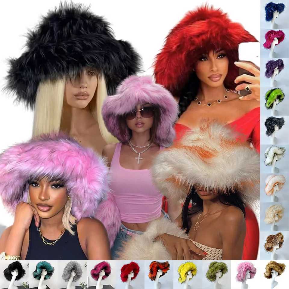 Luxury Fluffy Women Faux Fur Bucket Hats Oversized 17cm Wide Brim Thicken Outdoor Warm Plush Punk Hat Girl Y2k Female Ski Panama W250217