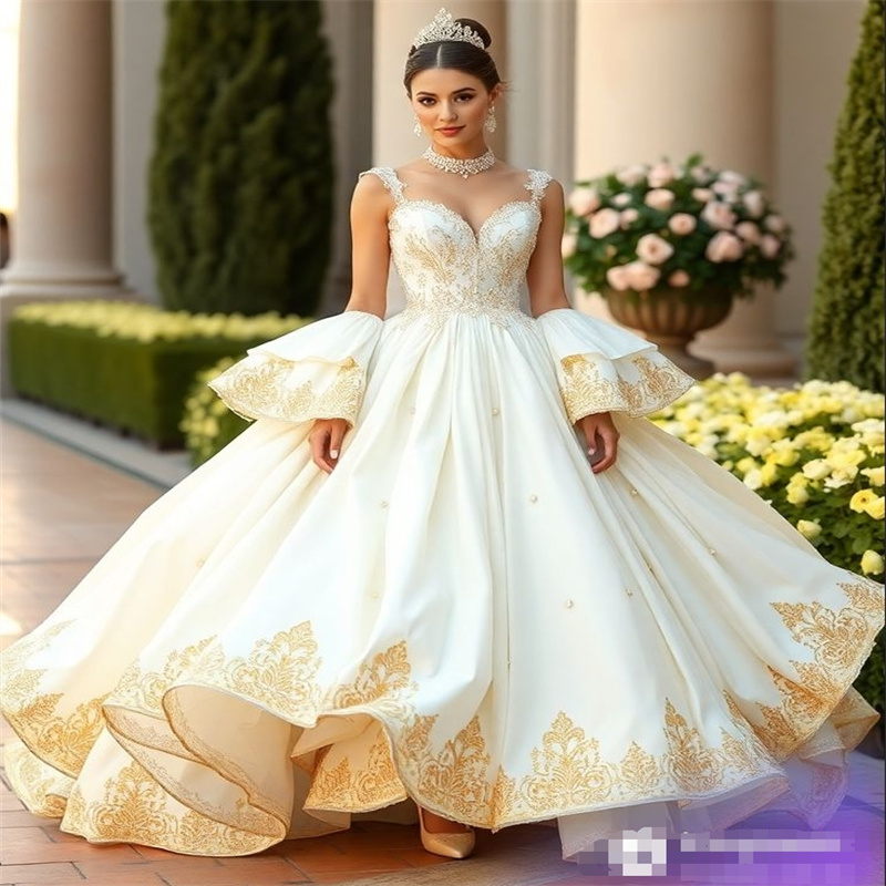 Victorian Ivory And Gold Wedding Dress Princess Ball Gown Lace Arabic Dubai Bridal Dress Caucasian Pearls Bride Dress European Inspired Embellishments