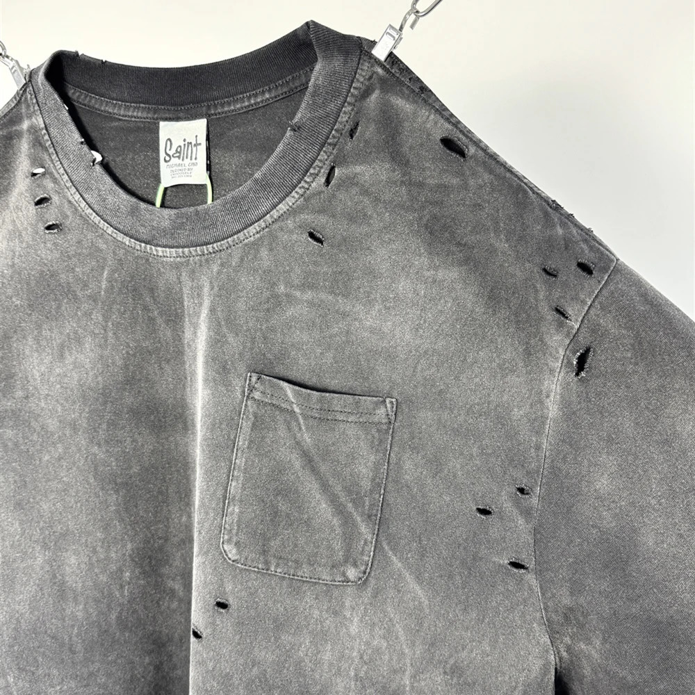 Frog Drift American Basic Style Retro Hole Solid Color Retro T-shirt 100% Cotton Top Summer Loose Mens Extra Large T-shirt 250213