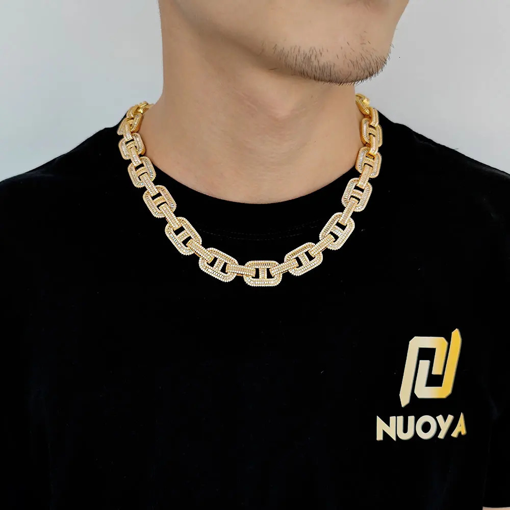 15mm Hip Hop Jewelry Iced Out Pig Nose Chain Bling Rectangle CZ Coffee Bean Cuban Chain Necklace for Men Women 250214