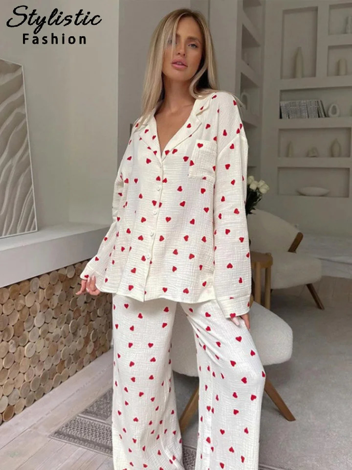 Heart Print Cotton Pyjama Sets Women Casual Long Sleeve Wide Leg High Waist Nightwear Female 2025 Spring 2pcs Set Sleepwear Lady 250210