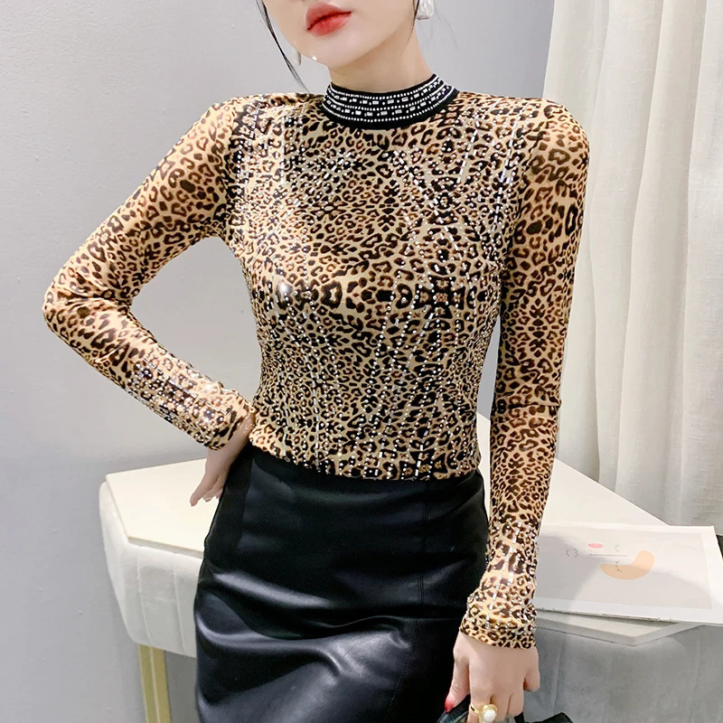 European Station Long Sleeve Women Tees Autumn Winter Stand collar Diamond T Shirt Fashion Slim Mesh Tops 250214