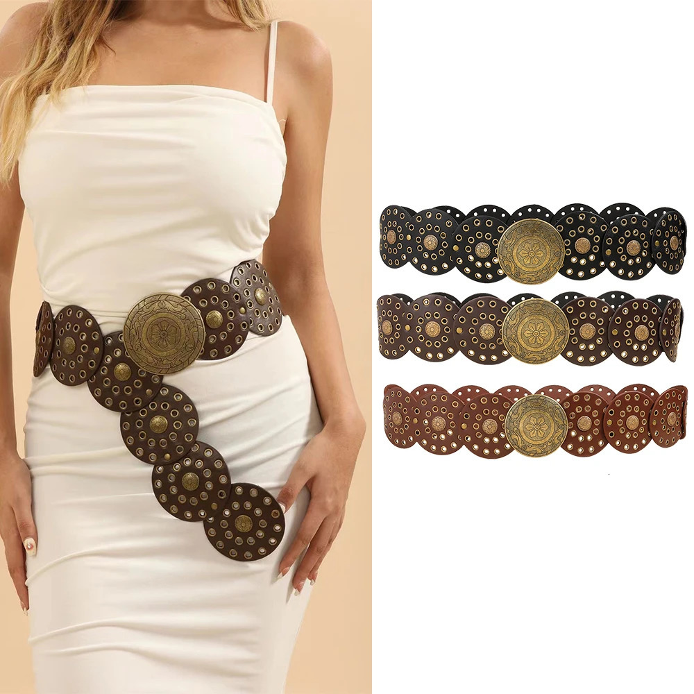 Retro Personality Belt for Men and Women Hip Hop Punk Metal Cutout Round Fashion 250213