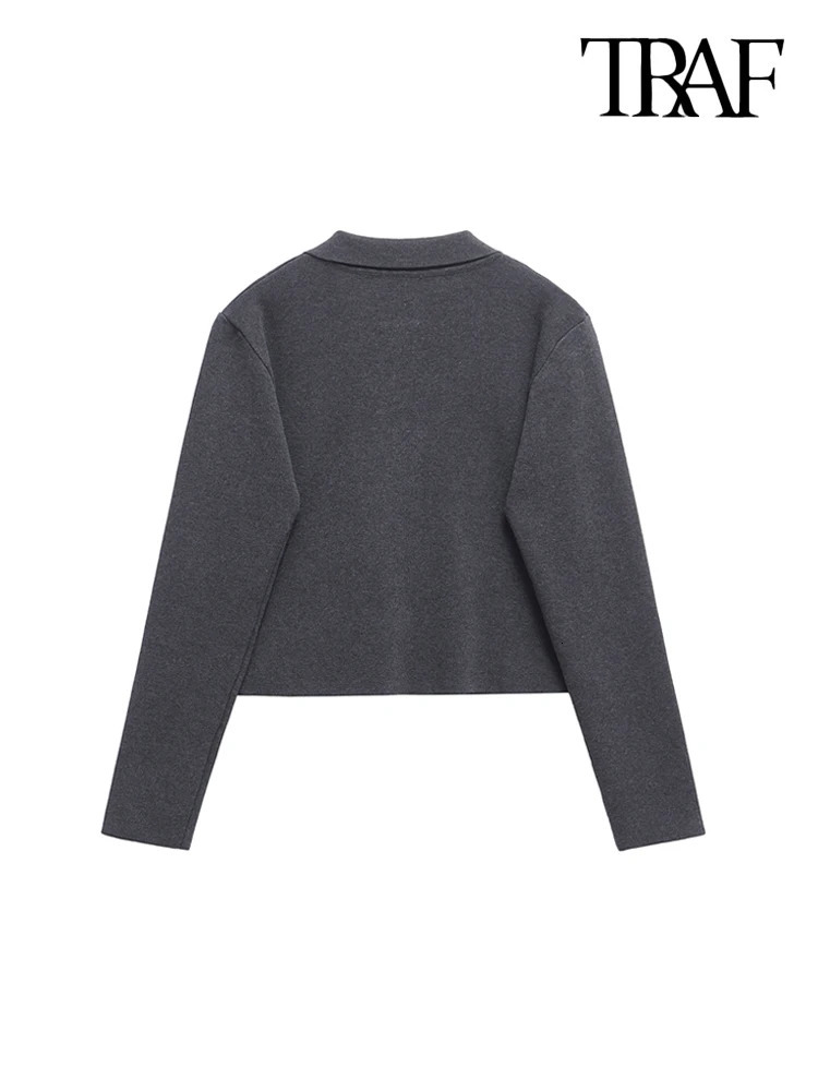 TRAFWomens DoubleBreasted Knit Cardigan Sweater Lapel Collar Long Sleeve Female Outerwear Chic Tops Fashion 250211