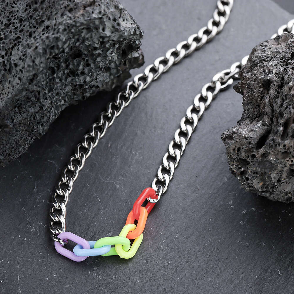 New acrylic titanium steel splicing rainbow necklace for hip-hop couples with personalized collarbone chain trendy accessories