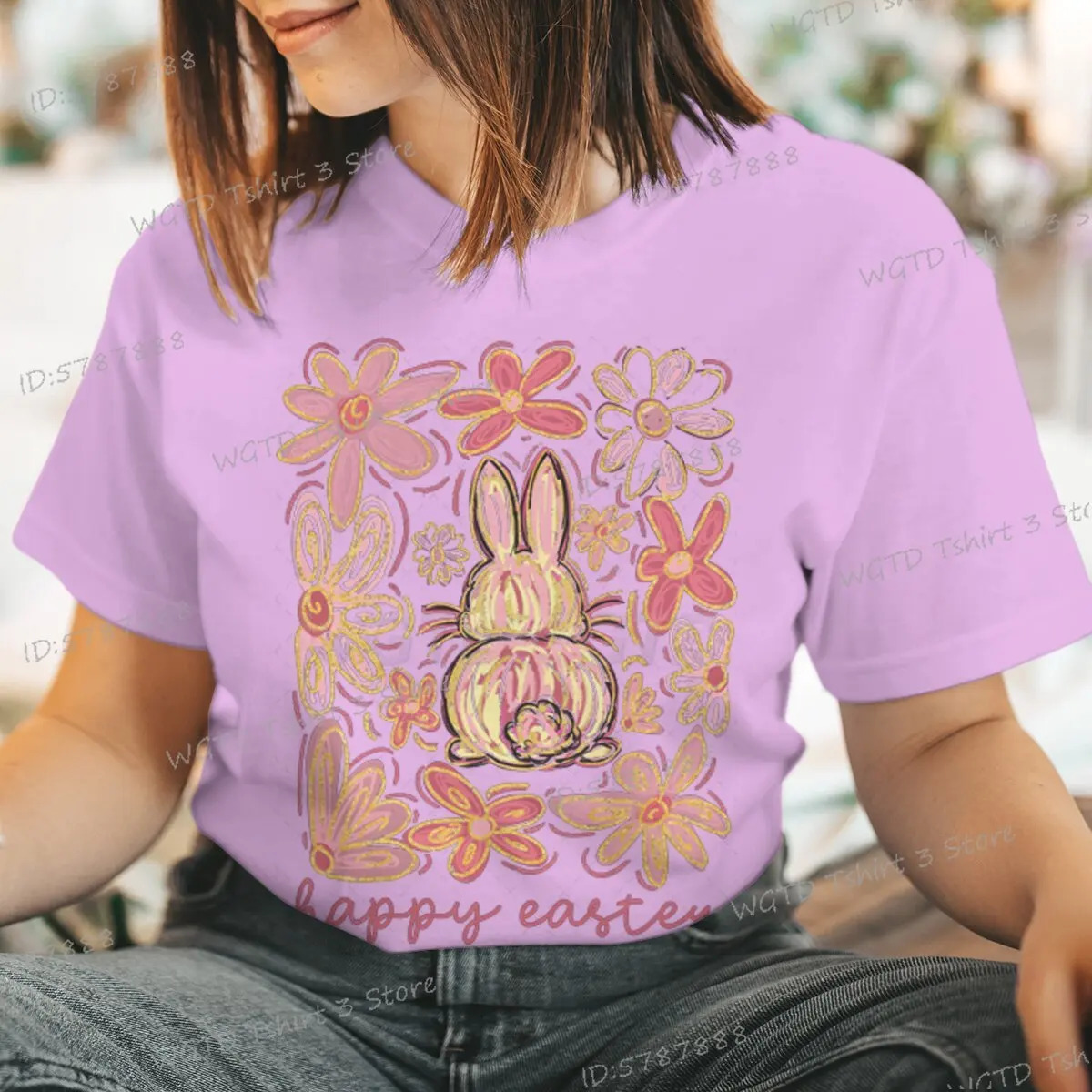 Happy Easter Bunny T-shirts s Pink Easter Floral Short Sleeve T-shirt Glitter Easter Bunny Coquette Bow Flower Vintage Shirt 250217