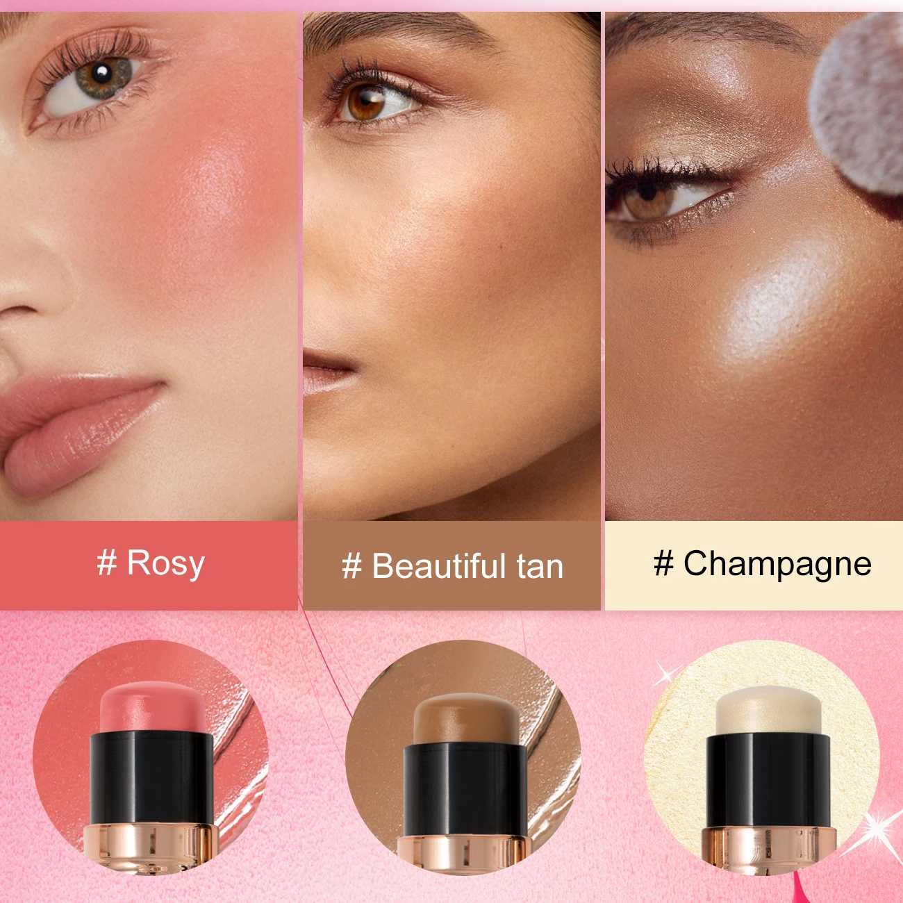 3-in-1 B Contour Highlighter Makeup Stick with Brush Waterproof Sweat-proof Matte Shimmer Non-Greasy Creamy MakeupW250217