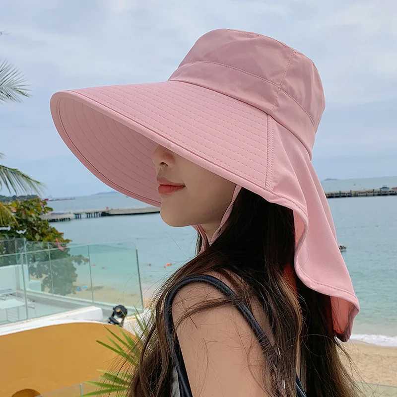 Large Brim Shawl Bucket Hat for Women Korean Versatile Foldable Fisherman Cap Outdoor Sunscreen Visors Vacation Beach Summer Hat W250217