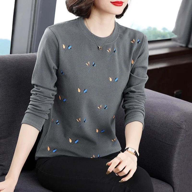 Autumn Winter Velvet Base Layer Top Slimming Womens Leaf Print T-shirt Warm Long Sleeve Female Blouses Shirt 250217