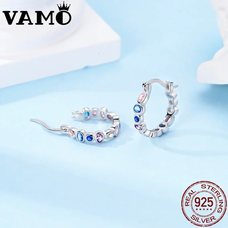VAMO 925 Sterling Silver Women Earrings Blue Purple Geometry Ear Studs Colorful Zircon Earring For Anniversary Wedding Gift 250213