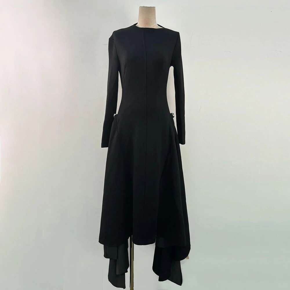 Elegant Solid Tunic Dresses For Women Diagonal Collar Long Sleeve High Waist Spliced Metal Irregular Dress Female Fashion