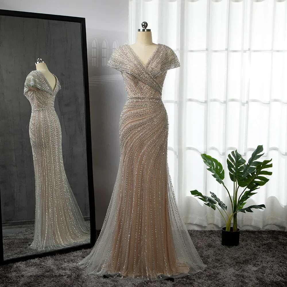 Nude Sier Mermaid Evening Gowns Customize Dubai Beading Sparkle Sleeveless Sexy Formal Dress BLA