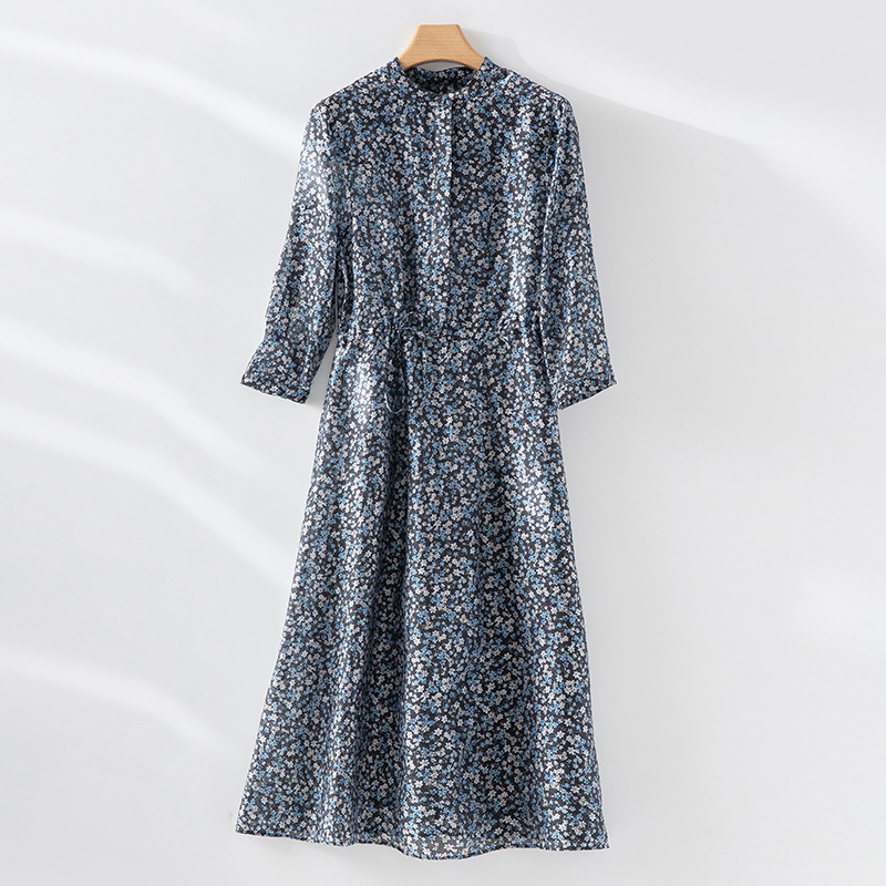 A174190 new spring and summer high-grade exquisite floral mid-sleeve dress female round neck waist design a-line skirt