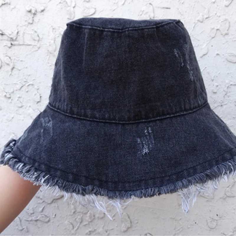 New Summer Unisex Tassel Washed Denim Bucket Hats Fashion for Women Wide Brim Foldable Panama Cap Outdoor Beach Fishermans Hat W250217